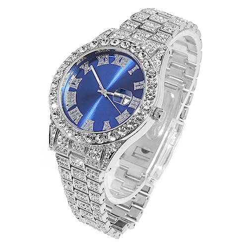 HALUKAKAH Diamante Reloj de Oro Iced out,Hombre Platino Chapado en Oro Blanco Cuarzo Pulsera 24cm Esfera Azul,Viene con Caja de Regalo