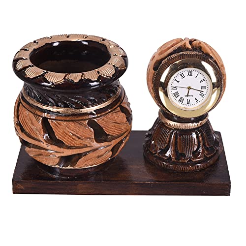 Image of Craft Trade 14x10 Cm Round Matki Pencil Holder with Analog Clock - Brown Clock