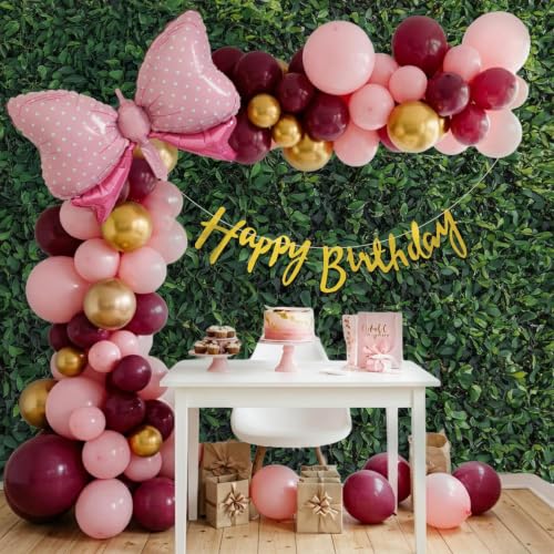 Image of Special You Pink Bow Foil Balloon Theme Birthday Decoration Items for Girls | Burgundy & Pink Pastel Happy Birthday Decor Kit with Golden Chrome Balloons | 49 Items