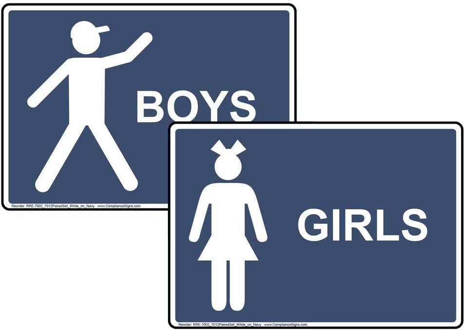 ComplianceSigns.com Girls Boys Restroom Sign Set, 10x7 in. Navy Plastic for Bathrooms