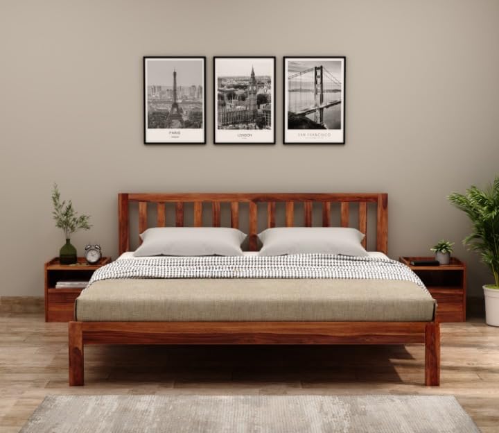 Image of SUNCOM Solid Sheesham Wood King Size Bed Without Storage for Bedroom - Wooden King Size Cot Bed for Home - Handcrafted Furniture Platform Double Bed (Natural Finish)