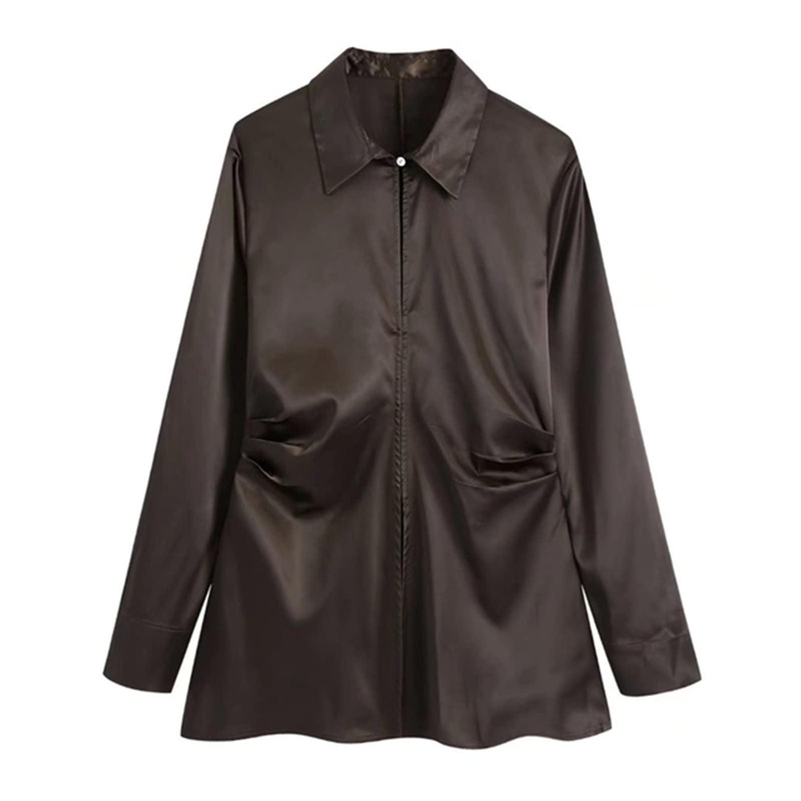 Blusas de Mujer Elegantes Mujeres Slim Brown Satin Folds Camisas Otoño Elegante Dama de Manga Larga Tops Casuales