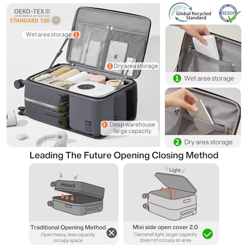 mixi Carry On Luggage with Cup Phone Holder and Charger Hard Shell Suitcases with Spinner Wheels,20 Inch Rock Gray3