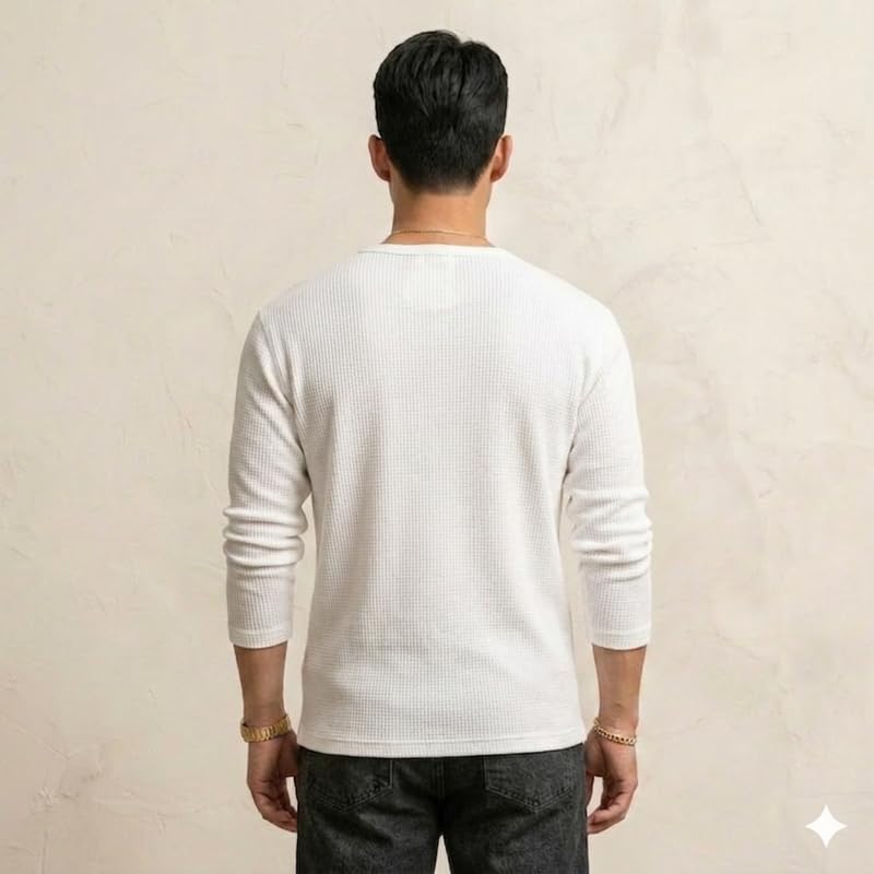 Image of Imsa Moda Men's Textured Fabric Solid Half-Open Collar T-Shirt | Full Sleeve Casual Shirt for Men | Comfortable Fall Wear