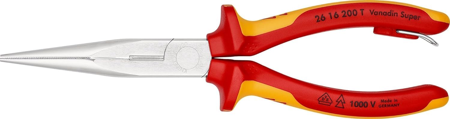 KNIPEX Pinza per meccanica - con becchi mezzotondi con tronchese (pinza a becchi di cicogna) in blister cromata isolante con manici, 26 16 200 T BK
