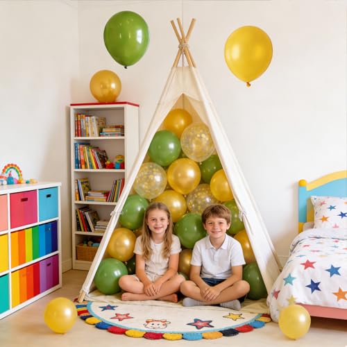 Image of 60Pcs Green Yellow Balloons, Gold Confetti Balloons for Party Decorations | 12-inch green, yellow & confetti balloons create a vibrant party setup for birthdays, baby showers, graduations & events