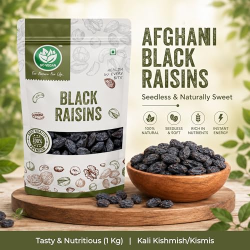 Image of Go Vegan Premium Afghani Black Raisins Seedless | Kali Kishmish /Kismis | Dry Fruits, Healthy Snacks | Rich in Fiber, Potassium & Antioxidants | Tasty & Nutritious (1 Kg)
