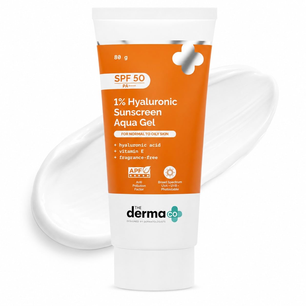 The Derma Co 1% Hyaluronic Sunscreen Aqua Gel SPF 50 PA++++ | Hydrating, Lightweight & Non-Greasy | No White Cast | Broad Spectrum & Blue Light Protection | Clinically Tested - (In-Vivo) | PPD-39 | 80 g