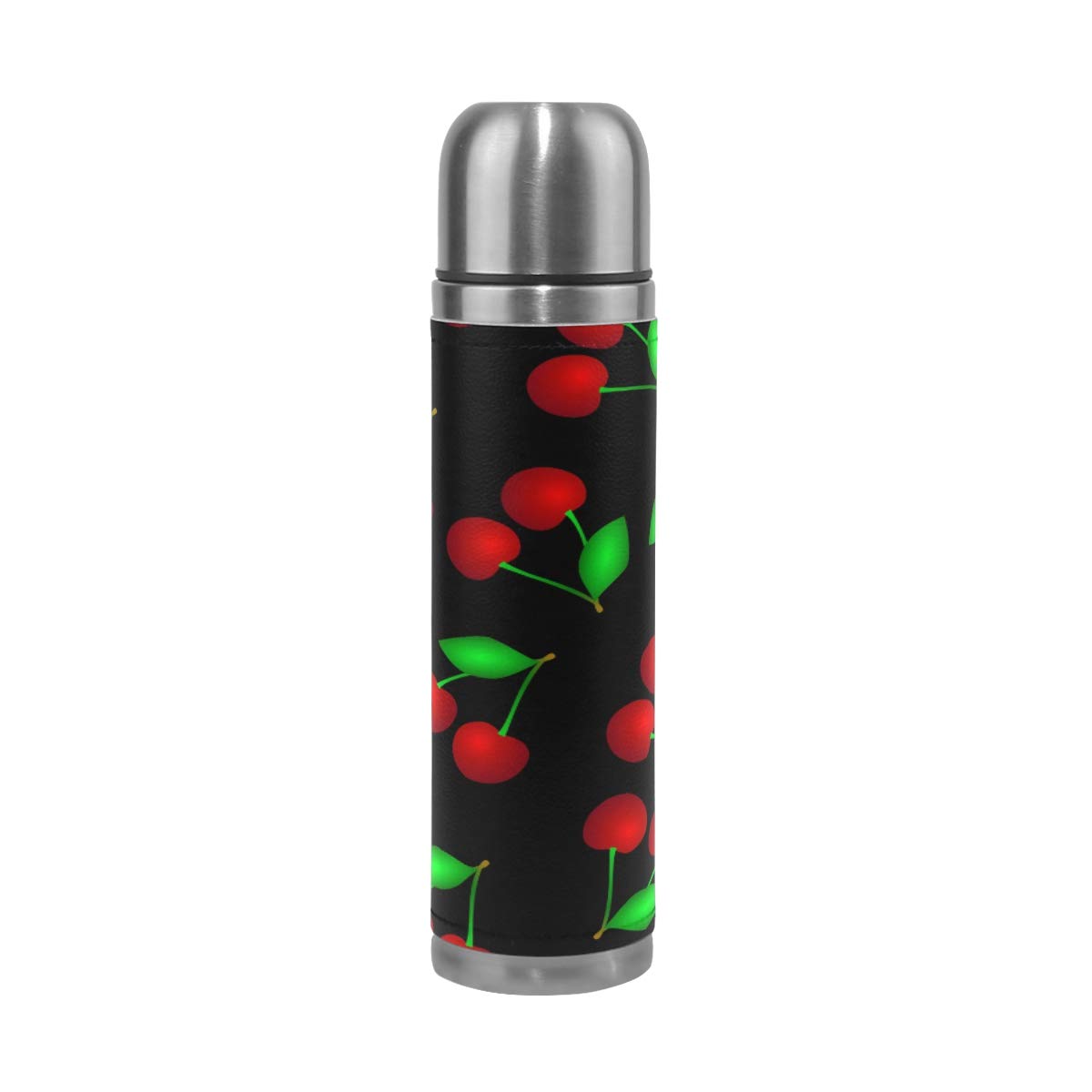 Taza de viaje aislada al vacío de acero inoxidable con doble pared a prueba de fugas, diseño de cerezo personalizado impreso en piel auténtica, termo termo de 500 ml