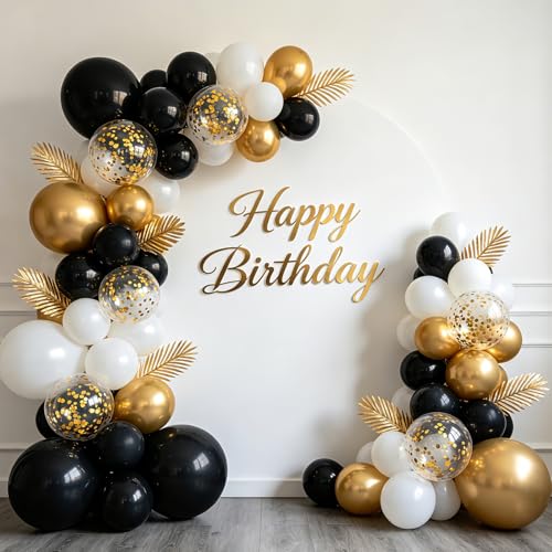 Image of Double Stuffed Black Gold White Confetti Balloon Arch Kit 129 Pcs