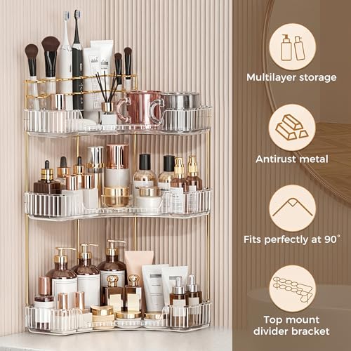 Image of BEFSOP Corner Bathroom Counter Organizer, Upgraded 3-Tier Makeup Organizer Countertop with Makeup Brush Holder, Skincare Exquisite Vanity Organizers Countertop Bathroom Storage Dresser(CLEAR)