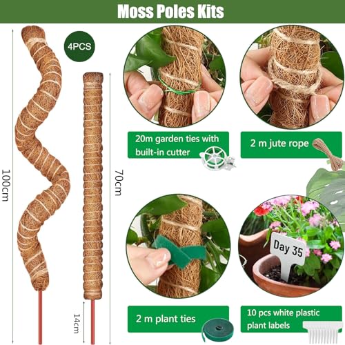4 Pack Pflanzenstab Rankhilfe, Monstera Rankhilfe 70cm und 100cm, Biegbar Kokosfaser Moosstab Pflanzstab Stab für Kletterpflanzen Natürlicher Pflanzenstütze mit Zubehör