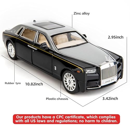 Image of WORSHIPER Model Car Zinc Alloy Pull Back Toy Diecast Toy Cars with Openable Doors, Sound and Light for Kids Boy Girl Gift (1:24 Rolls-Royce Phantom(Silver-Black))