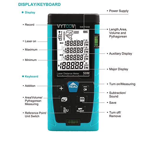 Laser Measure 164Ft M/In/Ft Mute Laser Distance Meter with 2 Bubble Levels, Backlit LCD and Pythagorean Mode, Measure Distance, Area and Volume - Carry Pouch and Battery - Thumbnail 5
