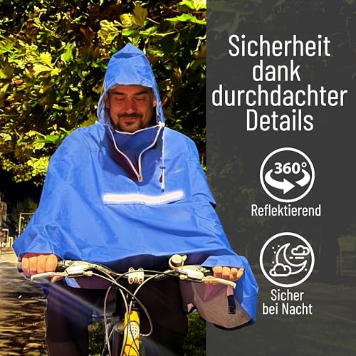 Regenponcho Fahrrad extra wasserdicht und robust - TEST SEHR GUT - Premium Regencape Fahrrad mit Reflektoren, Sichtfenster - Regenbekleidung als Regenponcho Herren und Damen - Regenjacke Blau in L