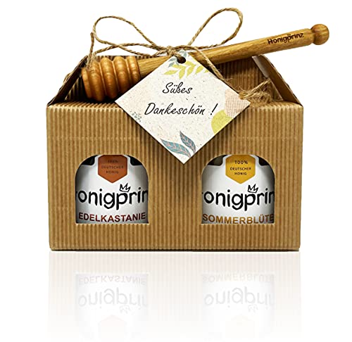 Honig Geschenkset 'SÜßES DANKESCHÖN' mit Honiglöffel aus Buchenholz und Grußkarte - 1x250g Frühtracht cremig und 1x250g Sommerblüte cremig - 100% Deutscher Honig Honigprinz Familien-Imkerei