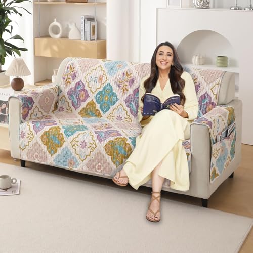 Image of HOKIPO 'VivaCasa Series' Polyester 2 Seater Quilted Sofa Cover with Pockets, Quatrefoil Multicolor (NEW-IN-739-D5)