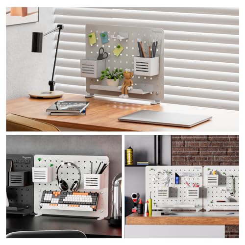 Image of PEGZONE Clamp on Desk Pegboard, 16.5 inch x 12.6 inch, with 10 Accessories, White | Magnetic Metal Peg Board, Desk Organizer for Office Gaming Home, Privacy Panel, Medium