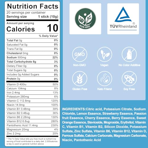 Image of Electrolytes Powder Packets Sugar Free - Liquid Daily IV Drink Mix for Rapid Hydration & Party Recovery | 6 Vitamins & 7 Electrolytes | 20 Sticks | (20 Count (Pack of 1), V5-Berry)