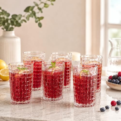 Image of WRINGO Checks Design Juice Glasses, 250ml Drinking Water Glass Tumbler Set, Premium Transparent Glasses for Juice, Water, Soft Drinks, Mocktails, Cocktail, Home Kitchen Dining Tableware(Set of 6)