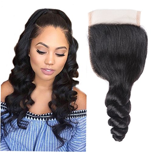 Li Queen Brazillian Hair Loose Wave Lace Closure size 4x4 Top Lace Closure with Baby Hair 100% Human Hair Loose Wave Closure Free Part 1B# Colo 12 inch