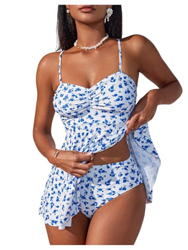 Verdusa Women's 2 Piece Floral Tankini Set Backless Swim Dress with High Waisted Bikini Bottoms