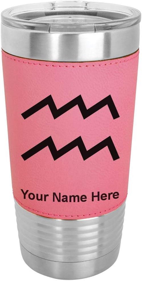 LaserGram 20oz Vacuum Insulated Tumbler Mug, Zodiac Sign Aquarius, Personalized Engraving Included (Faux Leather, Pink)
