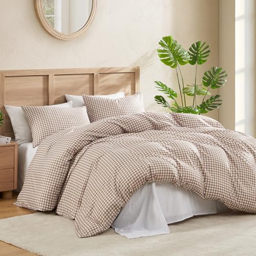 Image of Andency Gingham Duvet Cover King Size, Tan Brown Checkered Plaid Bedding Set, 3 Pieces Soft Prewashed Polyester Comforter Cover with Zipper Closure & Corner Ties