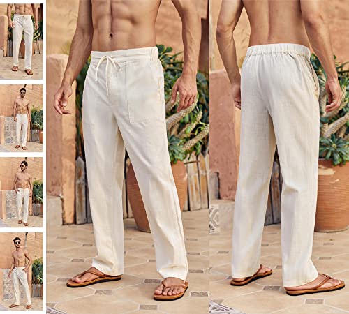 Enjoybuy Men's Linen Drawstring Beach Golf Elastic Waist Spring Long Casual Loose Summer Yoga Cotton Pants, 01-Beige, Large #TOP1