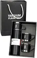 Kit Garrafa Termica Inox Isolada a Vacuo Parede Dupla Com Tampa Caneca e 2 Canecas 500ML Para Quente Gelado (Kit Preto)