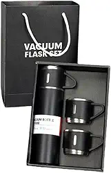 Kit Garrafa Termica Inox Isolada a Vacuo Parede Dupla Com Tampa Caneca e 2 Canecas 500ML Para Quente Gelado (Kit Preto)