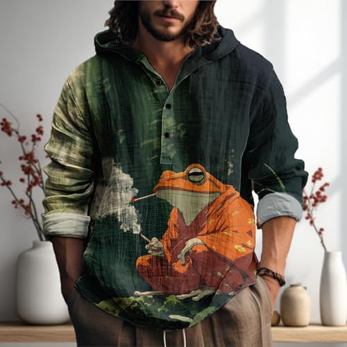 MARSVOVO Mens Japanese Art Long Sleeve Hooded Shirts Lightweight Quarter Button Hoodie Casual Cool Tops for Spring Fall2