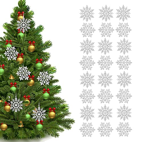 MIRFURT Flocons de Neige Décoration,24 pcs Flocons de Neige Paillettes,Ornements de Flocon de Neige,Décoration de Noël Flocon de Neige à Suspendre pour Fenêtre Arbre Décoration d'hiver,10cm,Argenté Cover