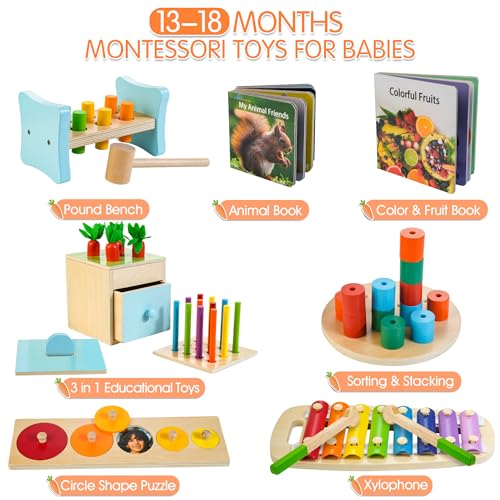 Wooden Montessori Toys for 1+ Year Old, 9 in 1 Learning Educational Toys for Toddler with Educational Box, Xylophone, Pound Bench, Shape Puzzle and More, Baby Toy Gift for 12-18 Months