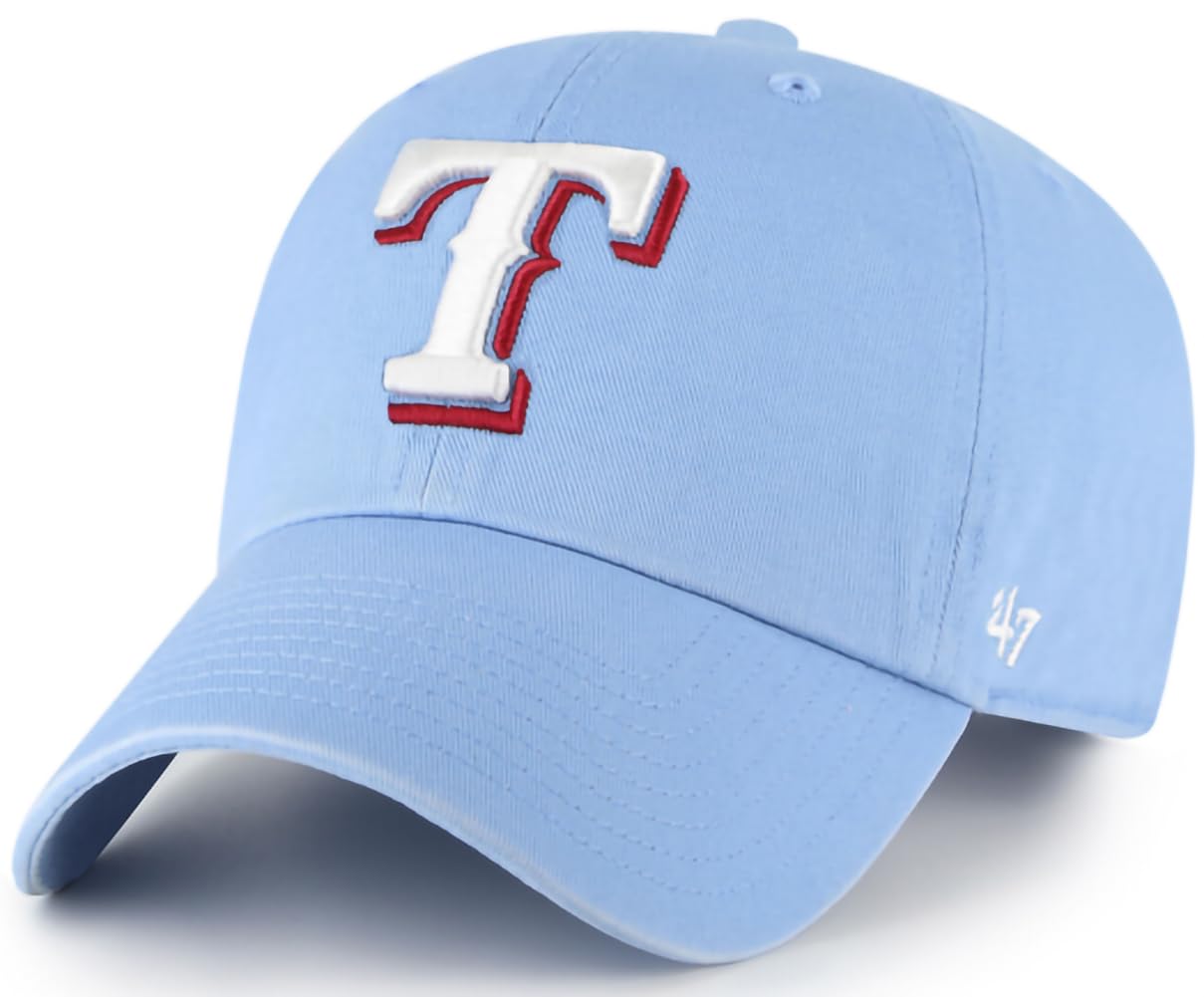 47 Brand MLB Alternate Color Primary Logo Clean Up Adjustable Baseball Cap Hat, Adult One Size Fits All, Texas Rangers, One Size