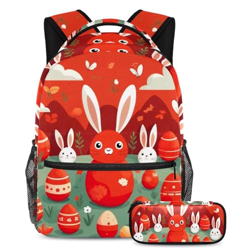 Sac à livres enfants ergonomique et sa trousse rouge motif œuf de lapin de Pâques imprimé