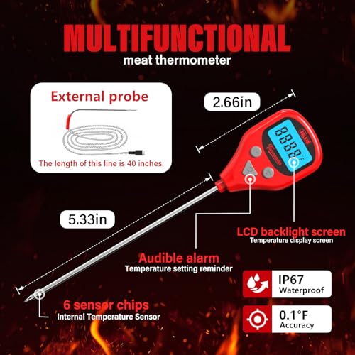 AWLKIM Rechargeable Digital Meat Thermometer with 3.3ft External Probe, Warning Alert, Instant Read Food Thermometer for Cooking Baking Water BBQ Oil Fry, Waterproof IP67, Hold Function, Oven Safe
