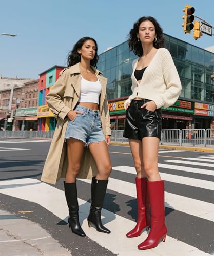 Kitten Heel Knee High Boots Women Square Toe Long Tall Boots Faux Leather Low Heel Boot Fashion Wide Calf Dress/Casual Elastic Boots with Side Zipper4