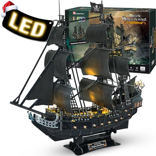 Product Image of the CubicFun 3D Puzzles for Adults - Led Pirate Ship Queen Anne's Revenge - Large 27'' Sailboat Puzzles - Desk Decor, Anniversary, Christmas Easter Teacher Appreciation Gifts
