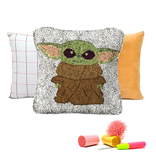 Image of clubevy DIY Latch Hook Kits Pillow Case Embroidery Carpet Set Needlework Pillow Cover Sofa Cushion Cover Craft Kits 17x17 inch (Grogu)