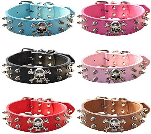 Miniatura 5 de Collar de perro de cuero con pinchos, 2 filas de remaches de bala con tachuelas de piel sintética, collar de calavera fresca para perros medianos y