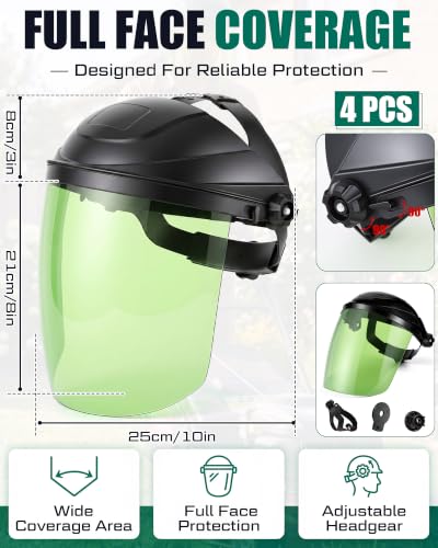 Image of Tellegloww 4 Pack Face Shield for Grinding, Impact Resistant Full Face | For Cutting and Woodworking, Chemical Splash Guard, Adjustable Headband, Reusable Clear Visor, Work Safety Protection