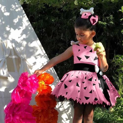 Toddler 3 Piece Caveman Cute Dress Outfits Girls Halloween Dog Pumpkin Historical Cavegirl Mesh Tulle Dresses Set4