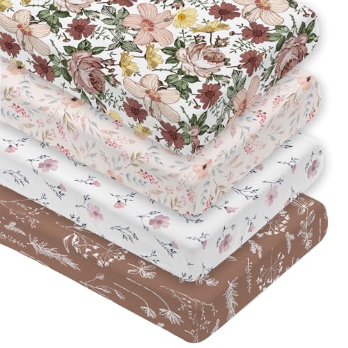 Image of 4 Pack Floral Crib Sheet Set for Baby Girl, Soft Breathable Fitted Pink Crib Sheet 28 x 52 in, Vintage Wildflower Nursery Decor for Standard Crib and Toddler Bed Mattresses