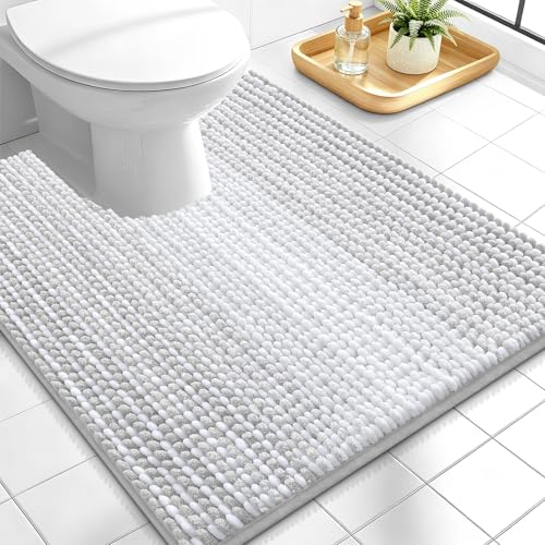 Image of OLANLY Toilet Rugs U-Shaped 24x20, Chenille Contour Bath Mat, Light Grey
