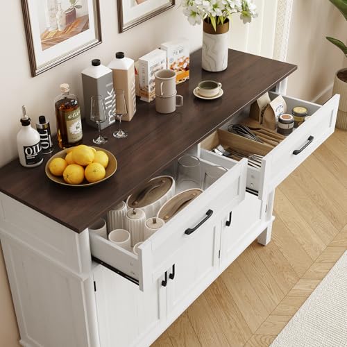 Image of ONBRILL 55 Inch Buffet Cabinet with Storage, Farmhouse Sideboard Buffet w /2 Drawers and 3 Doors, Wood Coffee Bar Cabinet with Adjustable Shelves, Sideboard Storage for Kitchen, Living Room, Off White