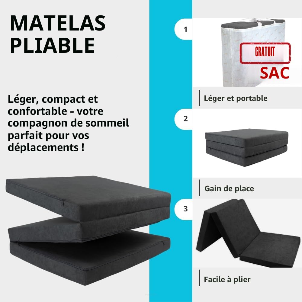 FORTISLINE Matelas Pliant 3 Parties 180 x 65 x 7 cm, Gris Motif - Matelas d’appoint Pliable pour invité, Voyage et Camping, Housse Lavable
