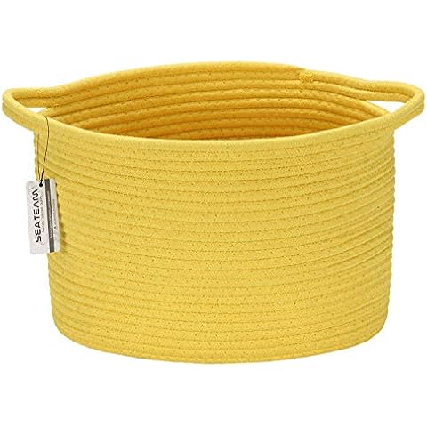 Sea Team Oval Cotton Rope Woven Storage Basket with Handles, Diaper Caddy, Nursery Nappies Organizer, Baby Shower Basket for Kid's Room, 12.2 x 8.7 x 9 Inches (Small Size, Yellow) Cover