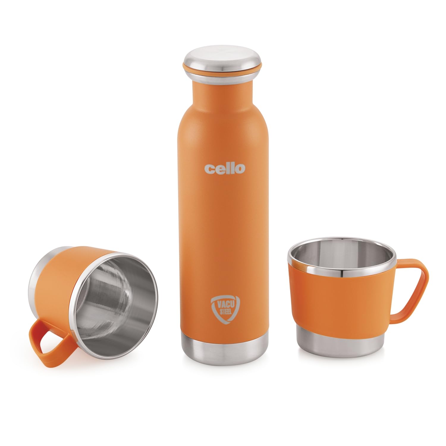 Cheer-Up Vacusteel Flask with Mugs Gift Set | Leak-Proof Design & Rust-Resistant Flask | Ideal for Coffee, Tea, Hot Chocolate, or Iced Beverages | 3 Unit, Orange