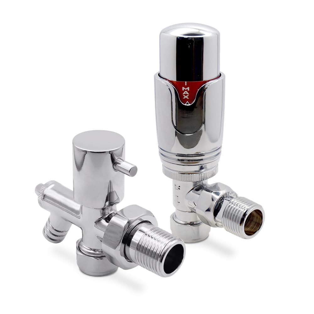 Chrome Drain Off Valve & Thermostatic TRV Angled Chrome Valve (Pair) for Towel Rails & Radiators 15mm Pipe Connection